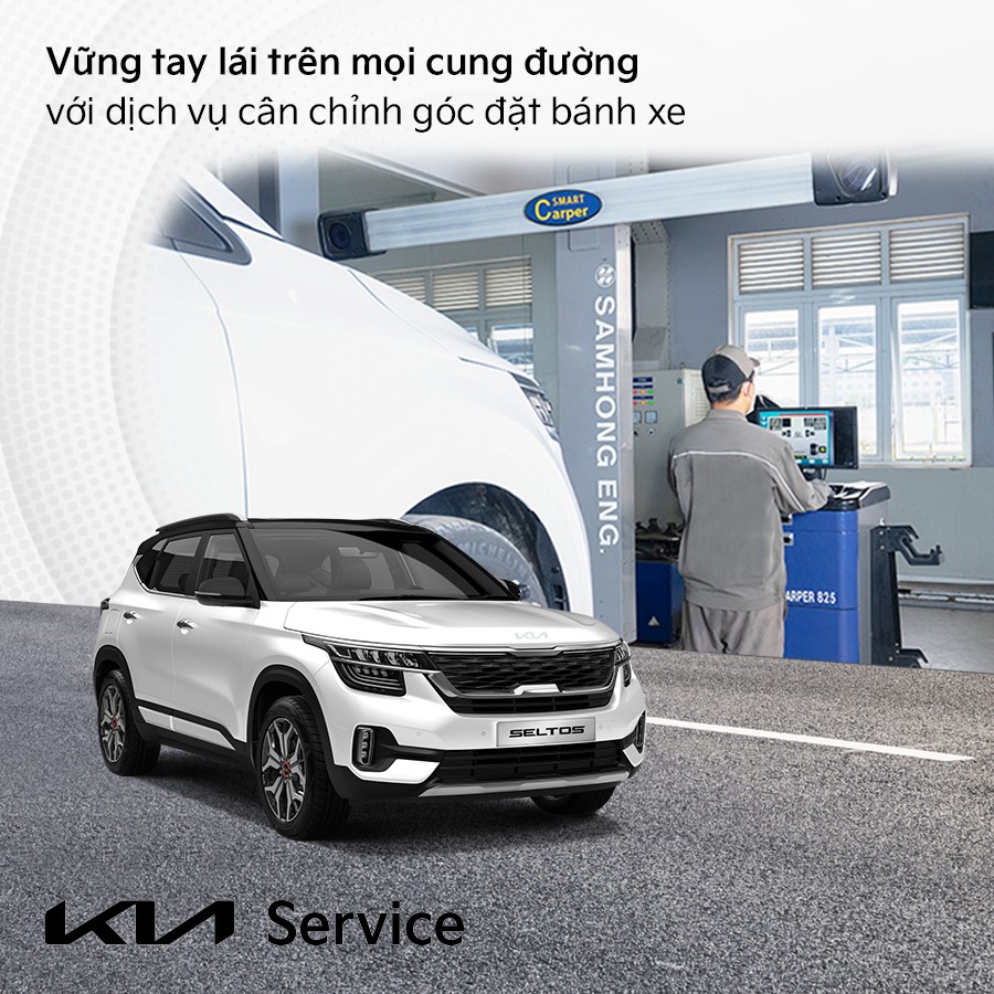 Vững tay lái trên mọi cung đường với dịch vụ cân chỉnh góc đặt bánh xe Kia